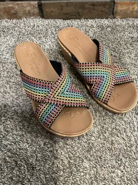 Skechers Luxe Foam Multi-Color Woven Crisscross Wedge Slide Mules Size 7